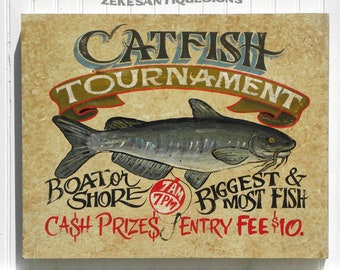 CatFish Tournament Hand Painted Sign Art | Wood Hand Lettered Art| Gift| Man Cave Art| Garage Wall Art| Lake House Art|Nautical Wall Decor