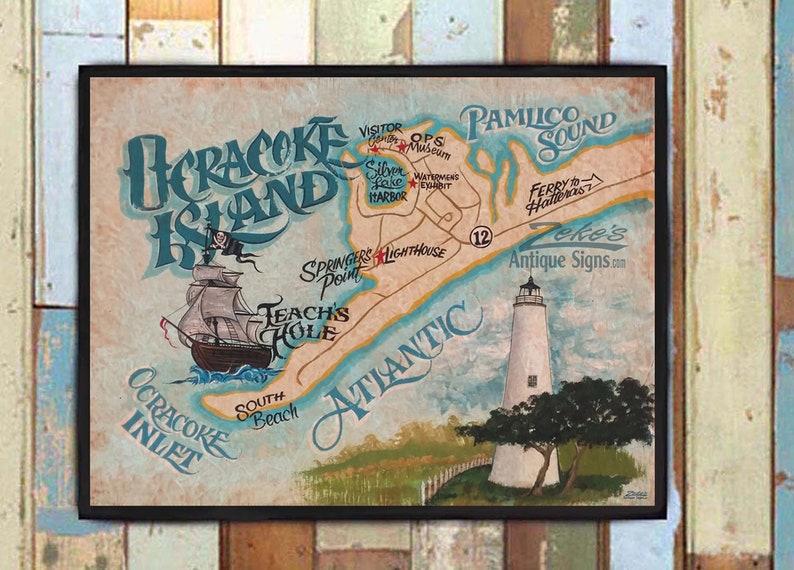 Ocracoke Island NC Vintage Style Map Print From an Original Etsy