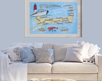 Cape Cod Retro Map Art PRINT | Beach House Decor | Kitchen Decor| Beach Wall Art| Wedding Gift| Gift for Her | New England Gift | Wall Decor
