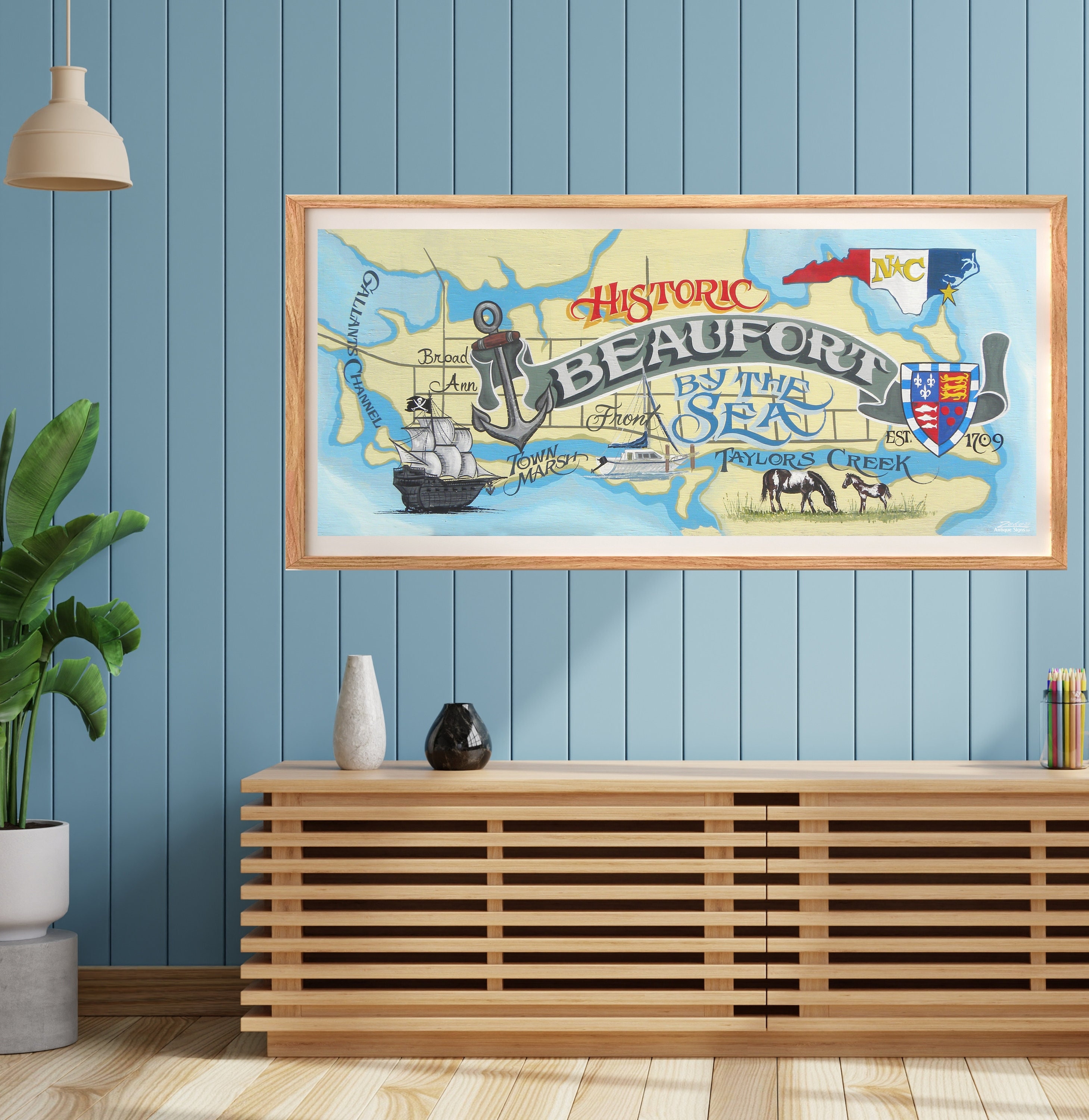 Historic Beaufort NC Map Print| North Carolina Art| Crystal Coast Art| Southern Outer Banks| Cape Lookout Art| Beach Wall Art| Beach Wall