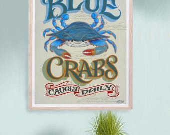 Blue Crab Art Print: Vintage Style Seafood Sign