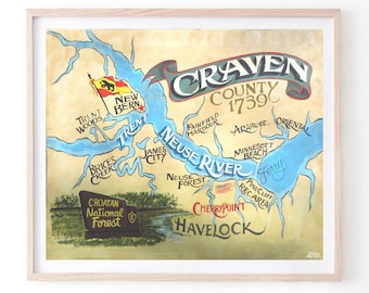 Craven County North Carolina Print   NC Art, Havelock,  Cherry Point, New Bern, Croatan