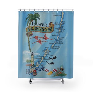 Op maat gemaakte Florida Keys douchegordijnen | Handgeschilderd ontwerp gedrukt op douchegordijn van 71 x 74" | Geweldig cadeau | Kaartkunstthema | Woondecoratie
