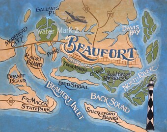 Beaufort Nc Zip Code Map Art Print: Beaufort Nc Crystal Coast Map Print Carteret | Etsy