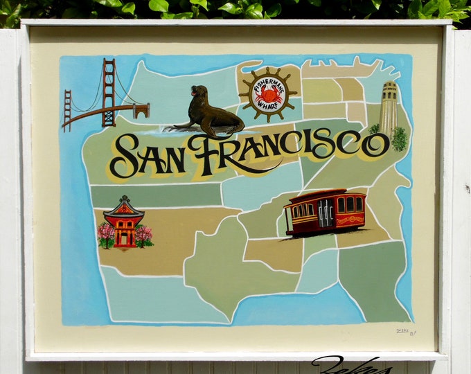 San Francisco California Map Art |  A  hand painted and lettered original wall art piece trimmed and ready to hang | Gallery Wall Art | Gift