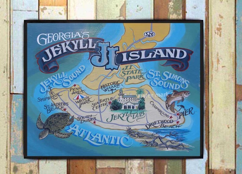 Jekyll Island Map Print From an Original Hand Painted and | Etsy