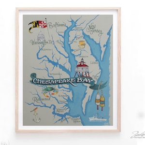 Chesapeake Bay Map style Print | Beach House decor | Travel Map | Kids Decor | Home Town Art | Hand Painted Art | Wall Art | Eastern Shore