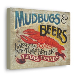 Mudbugs & Beers Wall Art Canvas Wrap I Louisiana Seafood Art I Coastal Seafood Art I Louisiana Crawfish Boil Art