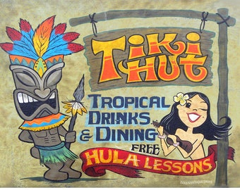 Tiki Hut Print | Hula Decor |  Wall Decor | Bar Decor | Bar Wall Decor | Tiki Hut Beach Decor| Wall Art | Gifts