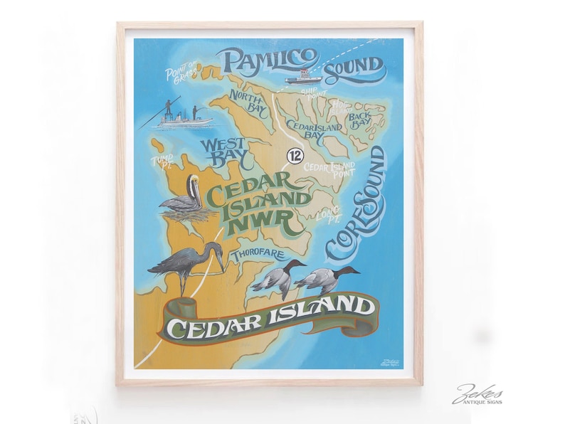 Cedar Island Map Print from an original hand painted & lettered sign. North Carolina art, OBX, Beach Decor, Travel Map Art image 1
