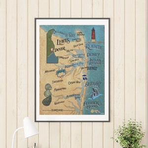Delaware Beaches Map Style Print|Beach House Decor| Travel Map| Delaware| Gift| Print from an Original Hand Painted and Lettered Sign| boho