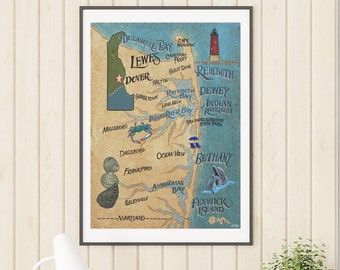 Delaware Beaches Map Style Print|Beach House Decor| Travel Map| Delaware| Gift| Print from an Original Hand Painted and Lettered Sign| boho