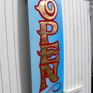 Hand Painted Open Sign: Gold Leaf Wooden Business Sign