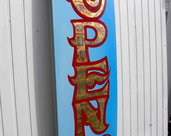 Open Sign, hand painted, wooden sign gold leaf repurposed trim business sign