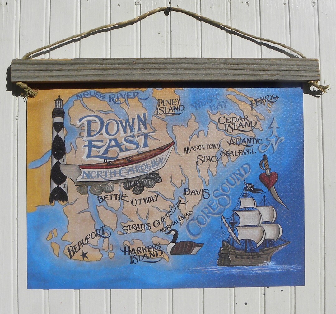 Down East NC Map on Canvas Wall Decor Southern Outer Banks Wall Decor