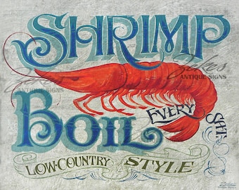 Shrimp  Boil Print from an original hand painted and lettered sign. Beach House Decor, Kitchen Decor, Party Print, back porch low county