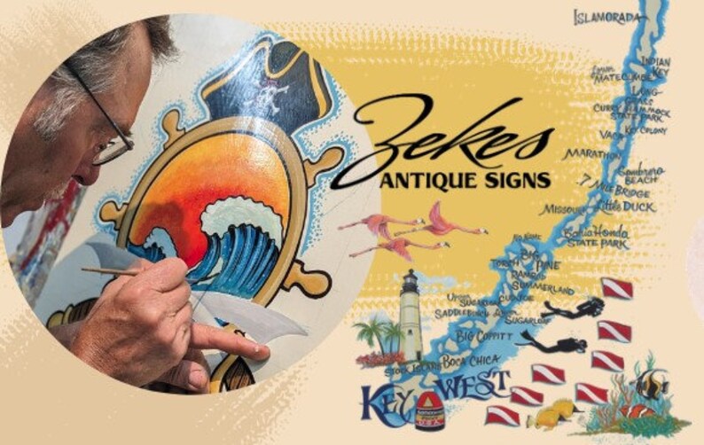 May include: A man is painting a wooden sign with a nautical theme. The sign features a ship's wheel, a wave, and a pirate hat. The sign is surrounded by a yellow background with a map of the Florida Keys and the text "Zekes Antique Signs".