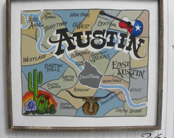Austin Texas Painted Original Map Art Decor | Lake Austin | University of Texas | East Austin | Austin Music | Wall Decor | Gift |Hand Made
