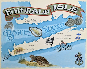 Emerald Isle North Carolina PRINT | Beach House Decor | Gift | Vacation Travel Maps | Emerald Isle Art | Bogue Banks | coastal art