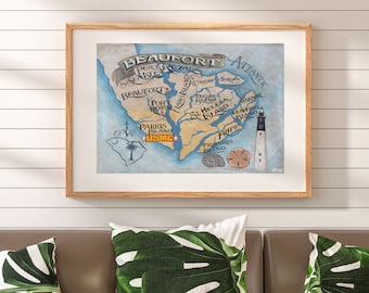 Beaufort SC map islands  Print . Beach House Decor, Travel and vacation Map Decor USMC