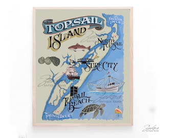 May include: A framed print of Topsail Island, featuring a map with illustrations of a fish, boat, and turtle. The map includes text such as "Topsail Island", "North Topsail", and "Surf City". The artwork has a vintage aesthetic.