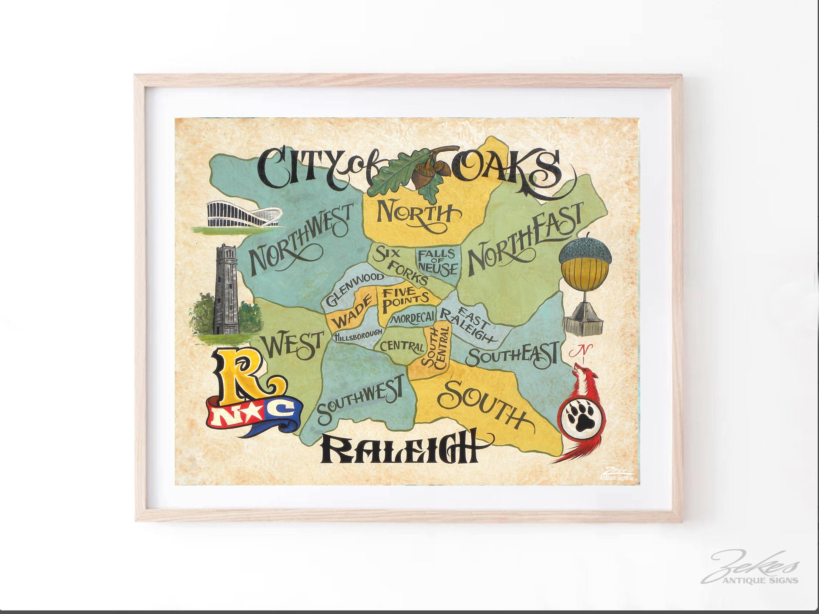 Raleigh North Carolina Map Art Print: City of Oaks Coastal Art ...