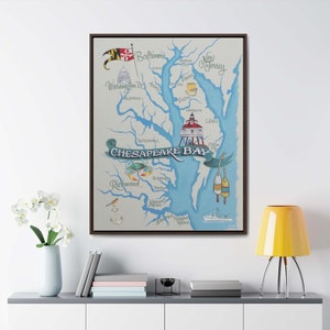 Carte de la baie de Chesapeake Art en toile encadrée | Décor de maison de plage | Carte de voyage | Décor pour enfants et salles de classe | Ville natale| Conception peinte à la main| Art mural de la baie