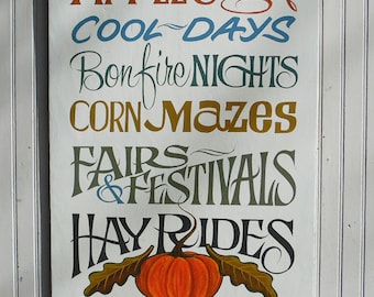 Fall Word Art Hand Painted Wall Decor | Fall Festival Art | Hay Ride | Bonfire Nights | Kitchen Decor | Farmhouse Decor| Gift |Fall Decor