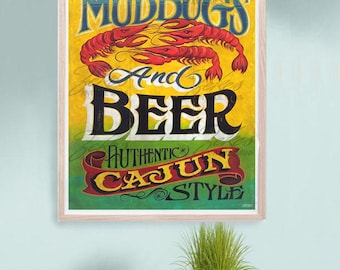 Mudbugs & Beer Cajun Hand painted Print| Cajun Art| Louisiana Art| New Orleans Art| Crawfish Party| NOLA Party Theme |Mardi Gras Style
