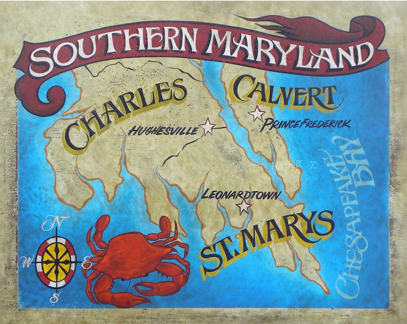 Southern Maryland map Print from an original hand painted and Etsy