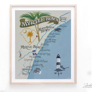 May include: A vintage-style illustration of Myrtle Beach, South Carolina, with a lighthouse, palm trees, and a compass rose. The illustration includes the text "MYRTLE BEACH" and "NORTH MYRTLE BEACH".