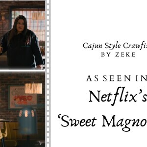 May include: A scene from the Netflix show "Sweet Magnolias" featuring a restaurant with a brick wall, wooden tables, and yellow chairs. The text "Cajun Style Crawfish BY ZEKE" is visible on the wall.