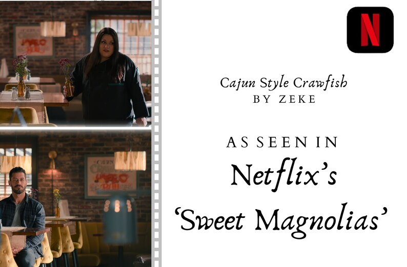 May include: A scene from the Netflix show "Sweet Magnolias" featuring a restaurant with a brick wall, wooden tables, and yellow chairs. The text "Cajun Style Crawfish BY ZEKE" is visible on the wall.