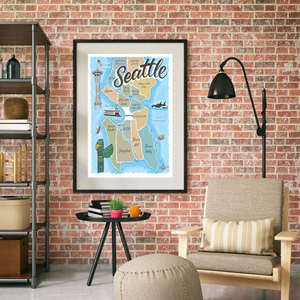 Seattle Washington Map Wall Art Print | West Coast Art | Travel Map Decor| Wall Decor | Hand Painted Art |