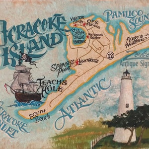 Outer Banks-Ocracoke Island NC Map Print | Vintage Style Map | Beach House Decor | Lighthouse Decor | Gifts for Her | Wall Decor