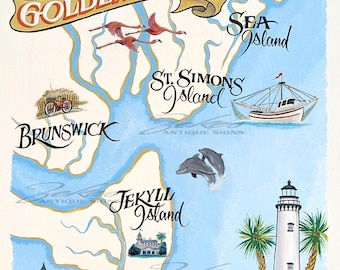 Golden Isles of Georgia Coast Map Print . Beach House Decor, Travel Map Print, Kids Family