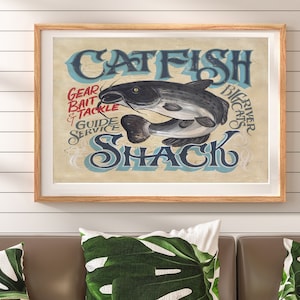 Catfish Shack Fishing Print from an original hand painted and lettered sign | Fishing art |  Man-cave decor| Seafood Art | Seafood Wall Art