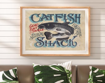 Catfish Shack Fishing Print from an original hand painted and lettered sign | Fishing art |  Man-cave decor| Seafood Art | Seafood Wall Art