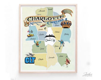 Charlotte NC Map Print Decor | Queen City Art | North Carolina Art | Hand Painted North Carolina Art | Gift for Him | Gift for Her