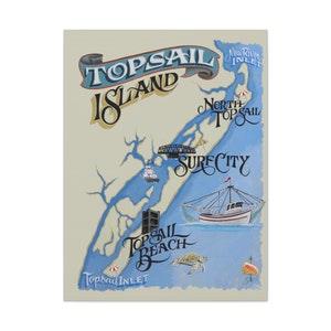 Top Sail Island, NC Map Art: Surf City, North Carolina Canvas Print