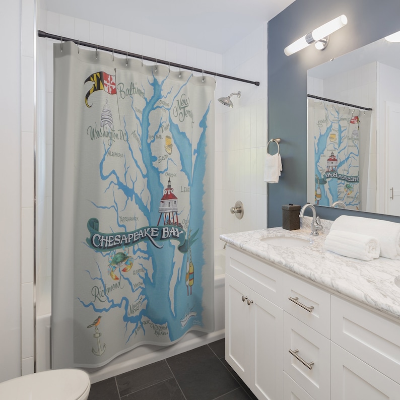 Chesapeake Bay Map Shower Curtains | Hand Painted Design printed on 71 x 74" Shower Curtain| Great Gift | Map Art Theme | Chesapeake Airbnb image 1