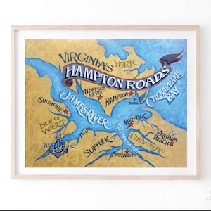 Hampton Roads Virginia Print . Retro Travel map art, beach house decor, Old Dominion