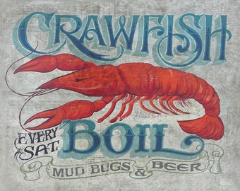 Crawfish Boil Art Print- Seafood theme, beach house decor- Louisiana mudbugs and beer. Great for a gift, bar decor. Cajun bayou- front porch