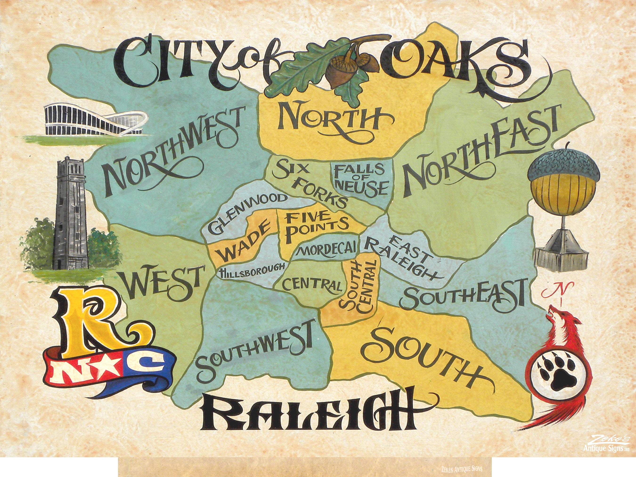 Raleigh North Carolina Map Art Print: City of Oaks Coastal Art ...