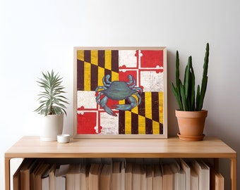 Maryland Flag & Chesapeake Bay Blue Crab Print from an original hand painted and lettered sign. Beach House Decor | Maryland Flag Art | Crab