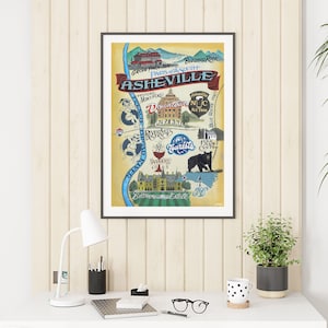 Asheville North Carolina Retro Map Print | NC Art | Biltmore Art | Gifts for Her | Wedding Gift | Wall Decor | Gallery Wall Art| Anniversary