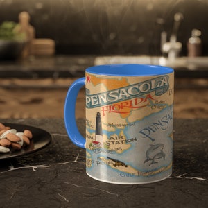Pensacola Florida Map Art Mugs- 11 Oz with colored handle and interior. Blue Angels, Gulf Breeze