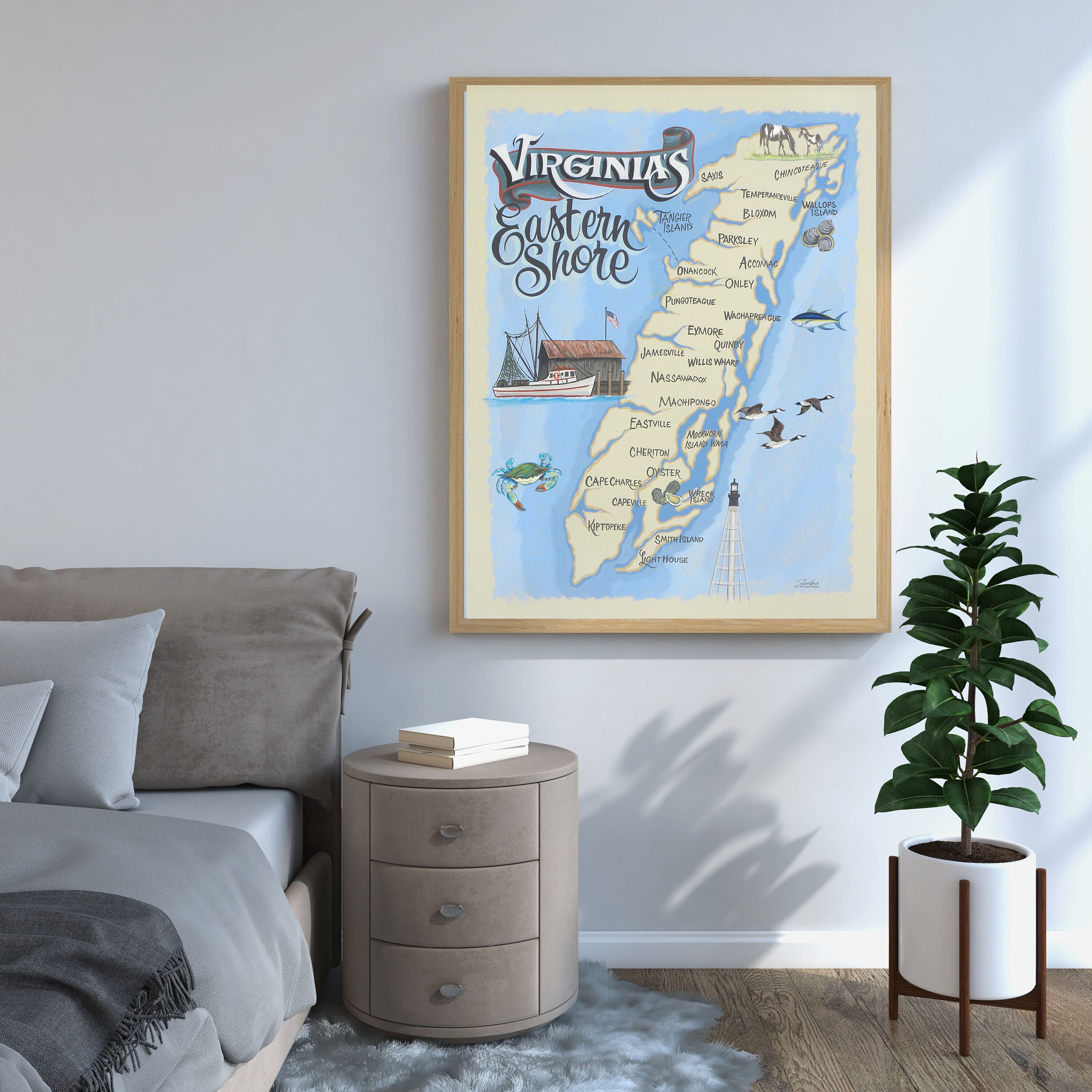 Virginia Eastern Shore Map Style Print Beach House Decor pic image