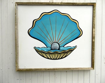 Pearl Clam Wall Decor | Hand Painted Original Art |Seafood Decor |Wooden Wall Art | Gift | Zeke Hand Painted | Handmade Wall Art