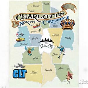Charlotte NC Map Print Decor | Queen City Art | North Carolina Art | Hand Painted North Carolina Art | Gift for Him | Gift for Her